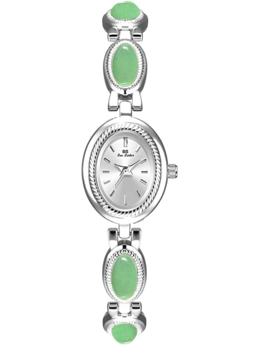 Luxury Vintage Gold Women's Watch with Jade Crystal, Dainty Silver Bracelet